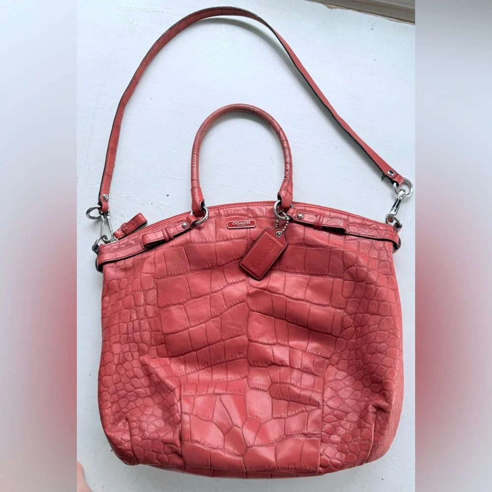 COACH Madison Crocodile Embossed Lindsey Satchel Coral Leather